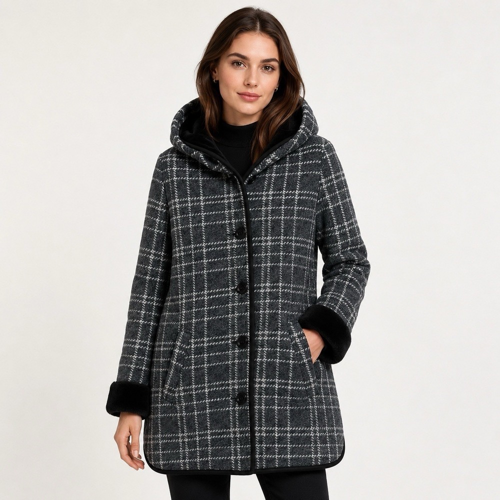 IKE BEHAR Hooded Faux Fur Coat Small Gray White Plaid Black Plush Lining Cozy